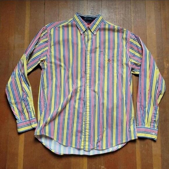 Vtg 90s TOMMY HILFIGER Lion Logo Colorblock Stripe Pinstripe Button Up Shirt M - Picture 1 of 4